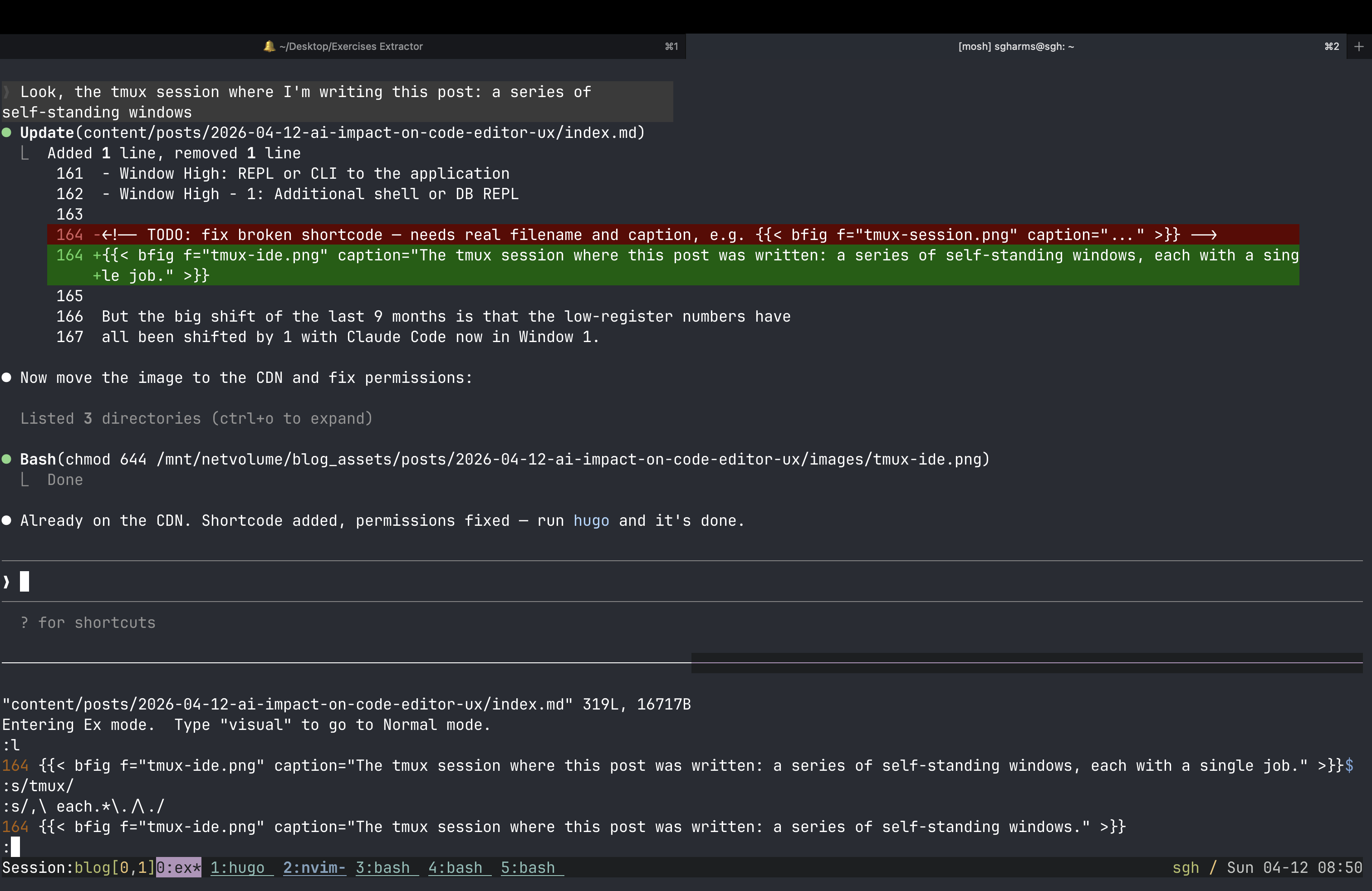 The 70/30 split: Claude on the top, the ex editor below.