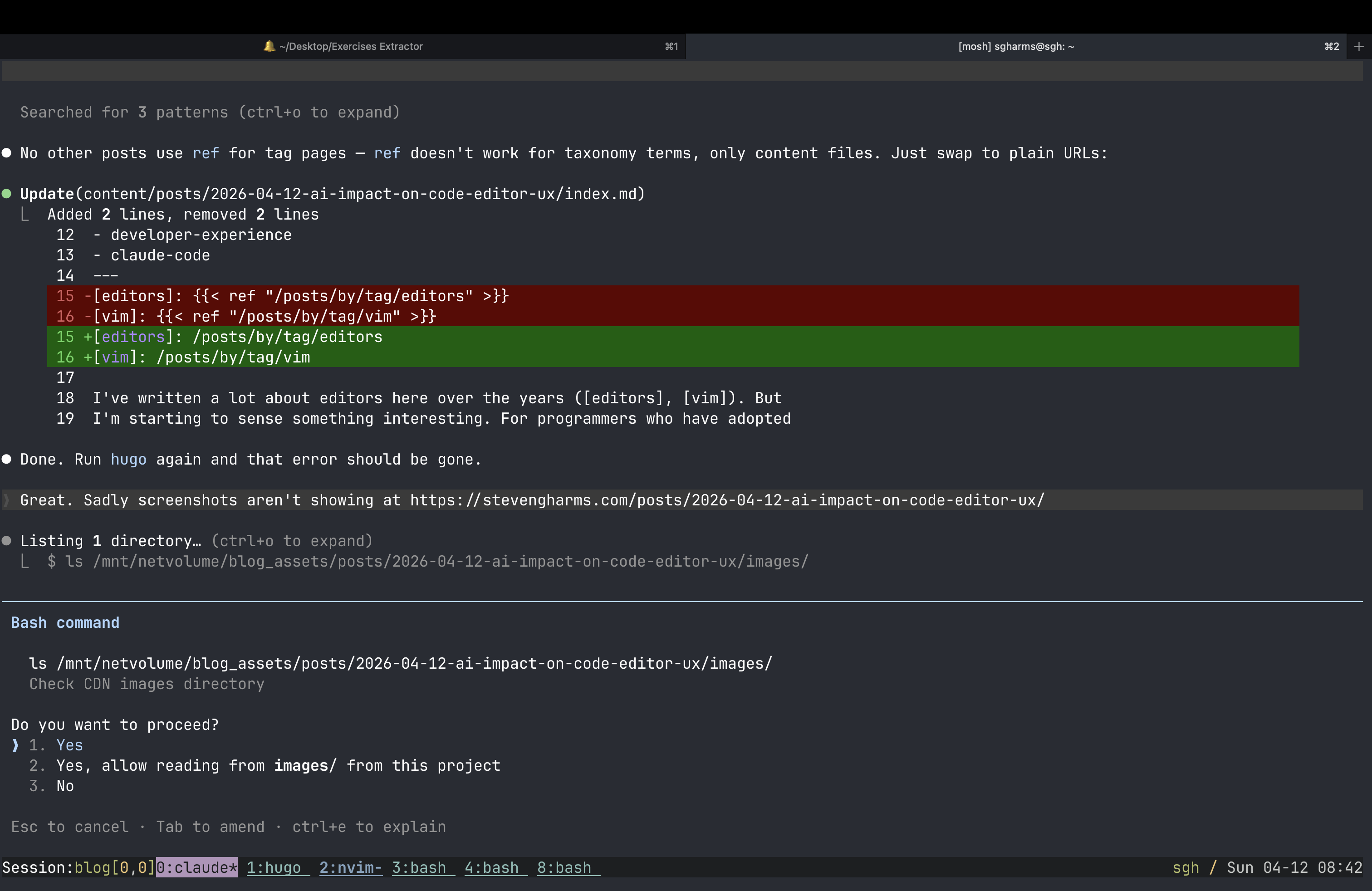 The tmux session where this post was written: a series of self-standing windows, each with a single job.