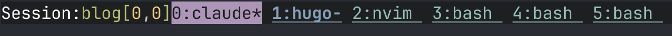 The window list: each window has one primary job. Occasionally an ephemeral panel might pop up e.g. a split in the hugo window to run the hugo command versus the server.