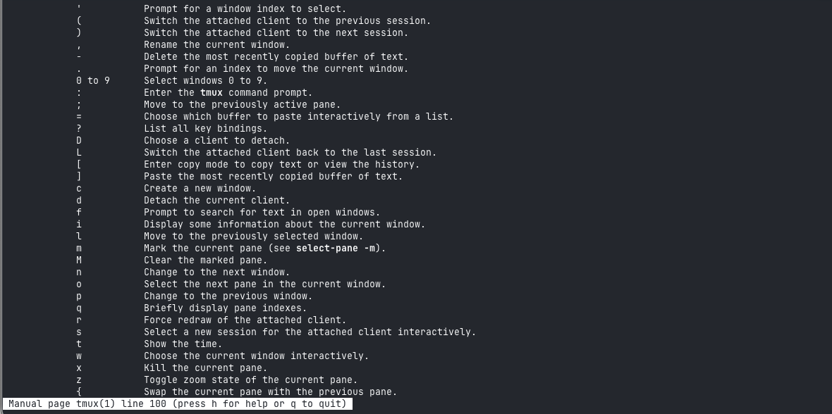 The tmux(1) man page: comprehensive, but no way to browse it interactively